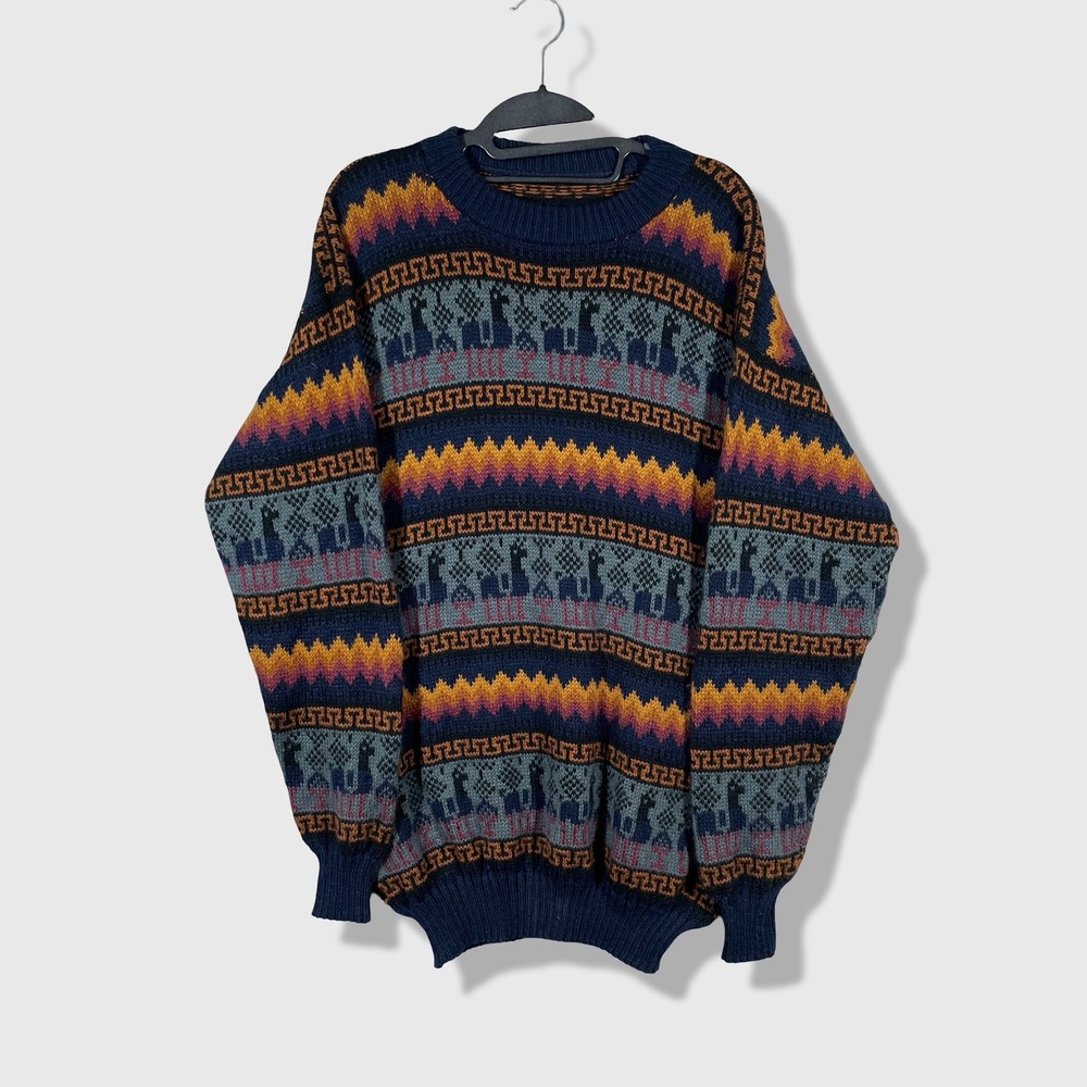 Unbranded Alpaca‎ Pattern Sweater Mens XL Blue Geometric Southwestern Boho